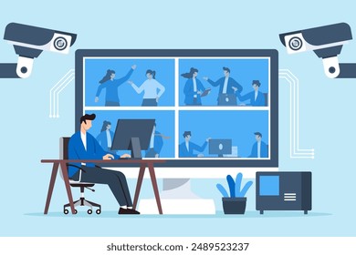 Flat illustration of man monitoring security cameras to ensuring safety and surveillance