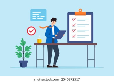 Ilustración plana del hombre trabajador de oficina organiza la lista de verificación de negocios en el escritorio