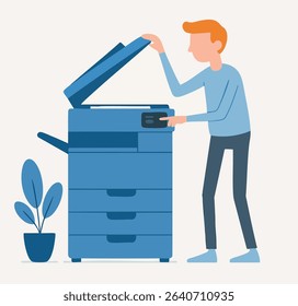 Flat Illustration Man Operating Copier Machine Office Equipment Concept