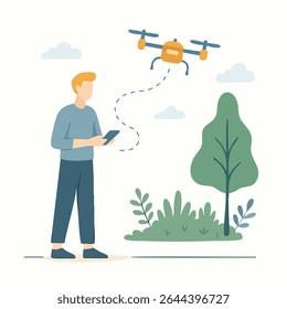 Flat Illustration Man Operating Drone in Outdoor Natural Environment Scene