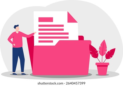 Flat Illustration of Man Organizing Files with Large Folder and Document