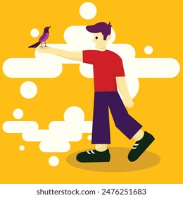 flat illustration of a man playing with birds