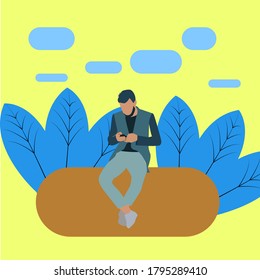 Flat illustration of a man playing a phone and sitting with leaf background