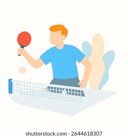Flat Illustration Man Playing Table Tennis or Ping Pong Sport Game
