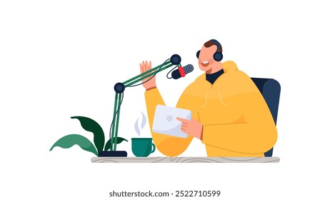 Flat illustration of man podcaster influencer blogger smiling while broadcasting his audio podcast using headphones. Male radio host making podcast or interview. Character design in white background