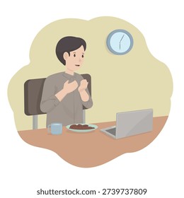 A flat illustration of a man praying to break his fast during a break in his Ramadan workday. On his table is a cup of drinking water and a plate of dates for breaking the fast.