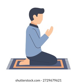 Ilustración plana del hombre que ora en la alfombra de la oración en adoración