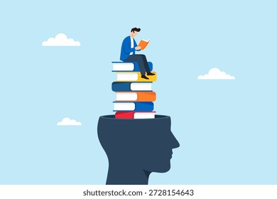 Flat illustration of man reading on tall stack of books inside open head symbolizing knowledge growth learning self education and mental development