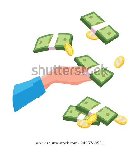 Flat illustration of a man receiving money. Stacks of money and coins fall onto the man's hand. Money rain is in your hands. EPS10
