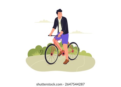 Ilustração plana de homem montando bicicleta na trilha do parque. Ilustrações para sites, landing pages, aplicativos móveis, cartazes e banners