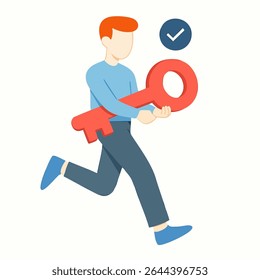 Flat Illustration Man Running Holding Big Key Solution Concept Design