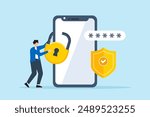 Flat illustration of man securing mobile devices protecting smartphones and preventing data breaches