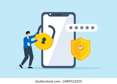 Flat illustration of man securing mobile devices protecting smartphones and preventing data breaches