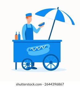 Flat Illustration of Man Selling Hotdog on Cart for Commercial Use