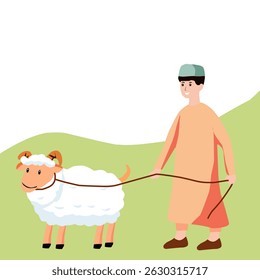 Flat illustration of a man  with a sheep, symbolizing Eid al-Adha sacrifice and celebration, with optional text or Islamic elements