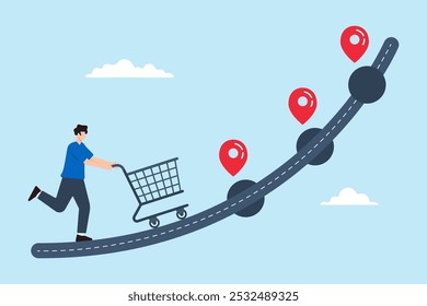 Ilustración plana del hombre con el Carrito de compras sigue el mapa del viaje del Cliente que analiza el proceso para comprar el producto