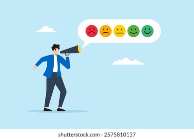 Flat illustration of man shout on megaphone with satisfaction emoticon symbolizing customer survey to evaluate service quality