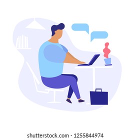 Flat illustration of man sitting with a laptop and looking for a vacancies. Looking for job modern illustration.