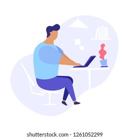 Flat illustration of man sitting with a laptop and looking for a vacancies. Looking for job modern illustration.