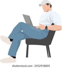 Flat Illustration of A Man Sitting on a Couch While Working From Home Using Laptop.
