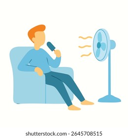 Flat Illustration of a Man Sitting on Sofa Enjoying Ice Cream and Fan