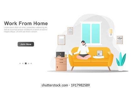 flat illustration of a man sitting relaxed while reading to work from home in his office and telecommuting concept. for landing page, web, UI, print media