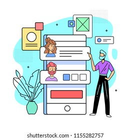 flat illustration of a man with smartphone and interface elements
