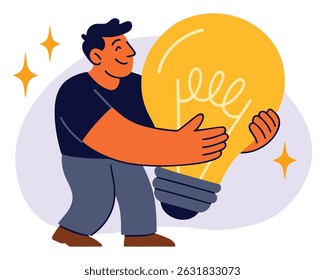 Flat illustration of a man smiling while holding a large glowing lightbulb, symbolizing innovation, creativity, and inspiration with star sparkles in the background.