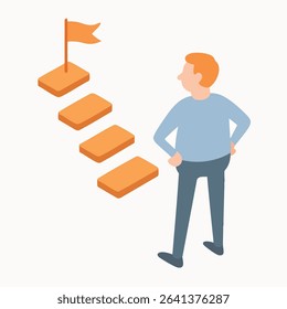 Flat Illustration Man Standing Beside a Staircase Symbolizing Goal Achievement Icon