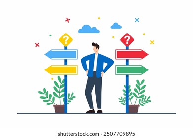 Flat illustration of man standing at crossroads with multiple signposts symbolizing career choices and life directions