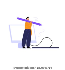 Flat illustration of a man standing near cmputer and a graphic tablet holding a pen. Male designer with his instruments. Digital artist at work concept