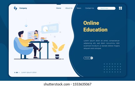 Flat illustration of a man studying online on landing page template