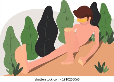 Flat illustration of a man sunbathing on the beach against the background of trees.