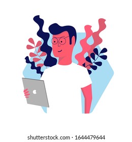Flat Illustration of a man with a tablet. Used for poster, banner, web, t-shirt print, bag print, badges, flyer, logo design and more. Vector