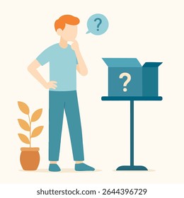 Flat Illustration Man Thinking Next to Mystery Box Concept Idea