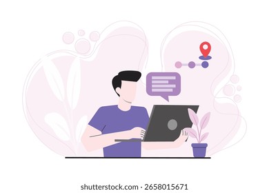 Ilustración plana de un hombre que rastrea el envío de pedidos en línea en una computadora portátil. Concepto moderno de seguimiento de entrega de comercio electrónico en estilo mínimo.