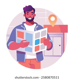 A flat illustration of a man tracking store location 
