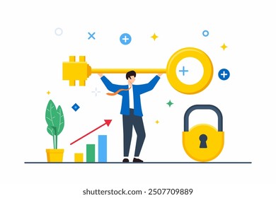 Flat illustration of man unlocking potential with golden key in business success scenario