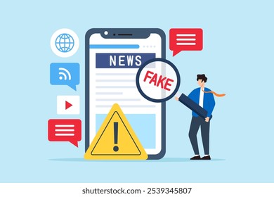 Flat illustration of man use magnifying glass to investigate social media fake news on phone screen with warning sign misinformation false information hoax cheating scam website