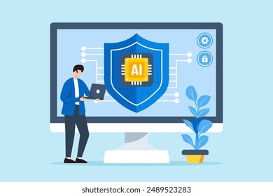 Flat illustration of man using ai for cybersecurity artificial intelligence in security and automating defenses