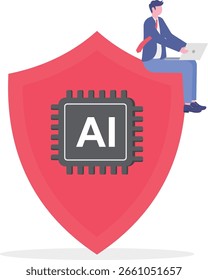 Ilustración plana del hombre usando la inteligencia artificial para la ciberseguridad en seguridad y automatización de defensas

