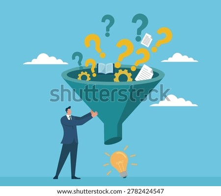 Flat illustration of a man using a funnel to process information and queries into a single innovative solution. Business strategy and problem-solving