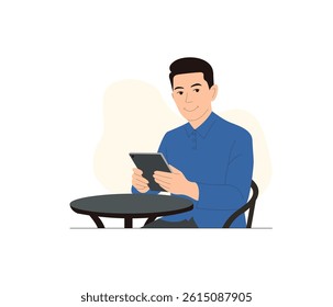 Flat Illustration of a Man Using a Tablet at Outdoor Café Table