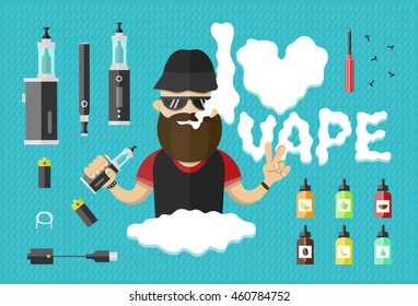 ilustración plana del hombre con uva. Vaping, vaporize, vaper, vaporizer, vape, e-cigarriette,e-cig vector aislado conjunto de iconos