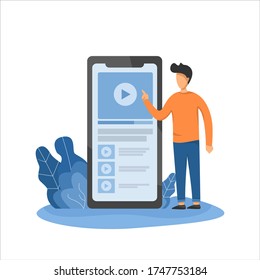 flat illustration man and video on smartphone good for your website