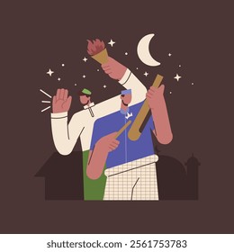 Flat Illustration of a Man Waking Up Neighbors for Suhoor Using a Traditional Drum