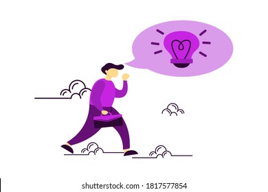 flat illustration of a man walking away to the office carrying a tote bag is getting an idea. flat illustration in purple color