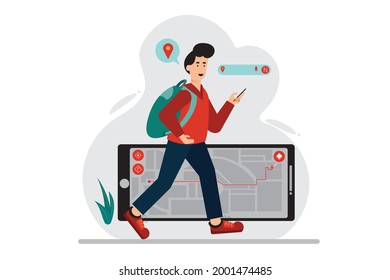 Ilustración plana del hombre caminando por la calle usando tecnología moderna de navegación GPS. permitiéndole ir a cualquier parte del mundo.