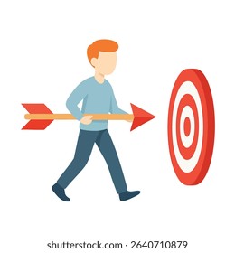 Flat Illustration Man Walking Towards Red Target with Arrow Icon