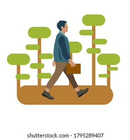 Flat illustration of A man walking while holding a book with abstract forest background